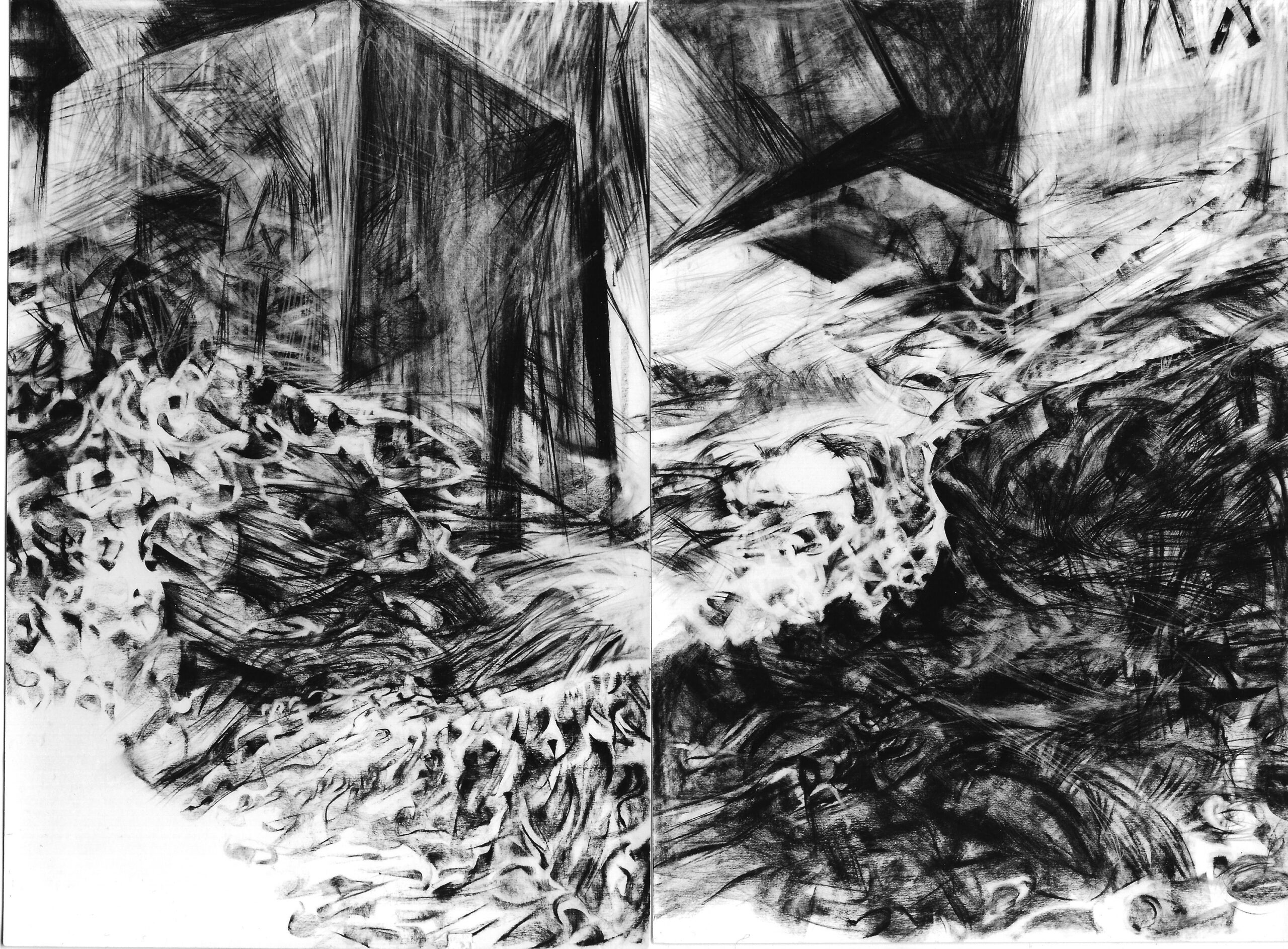 Helgoland 1987, 8 parts, 240/320 cm, 4 cutouts, each 120 / 80cm, charcoal drawing / Bütten