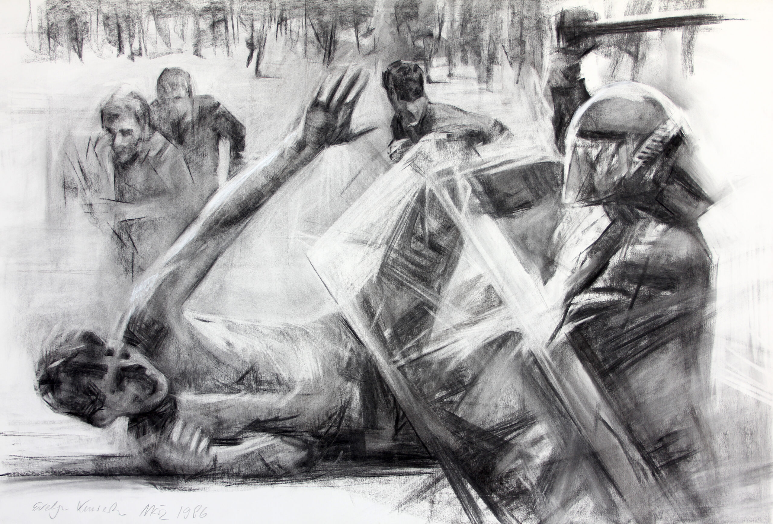 Untitled 1986, 80/120 cm, charcoal drawing / Bütten