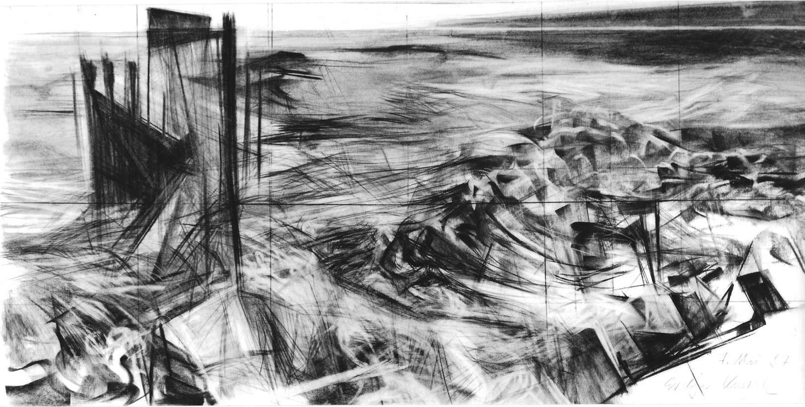 Paysage Marin Île Helgoland 1987, étude, 60/100 cm, fusain / papier Bütten