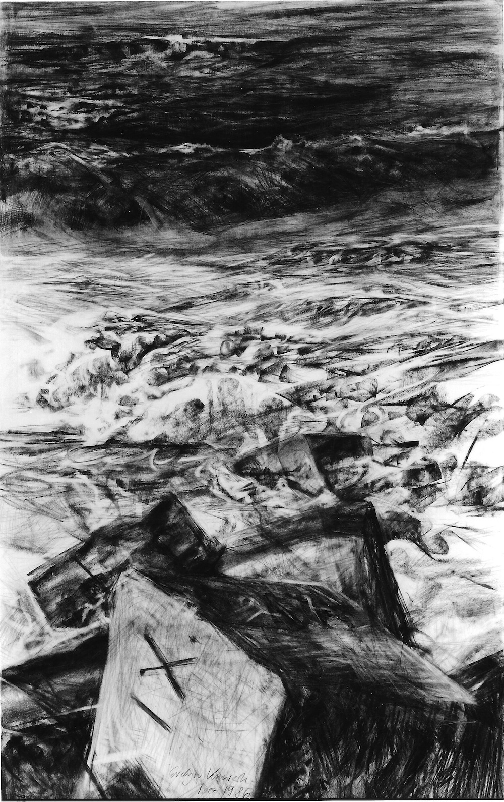 Paysage Marin Île Helgoland 1986, 140/90cm, fusain / dessin au crayon de couleur / papier, Bütten